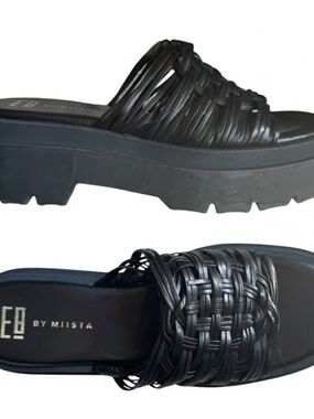 Miista E8 Black Woven Platform Mule Slides